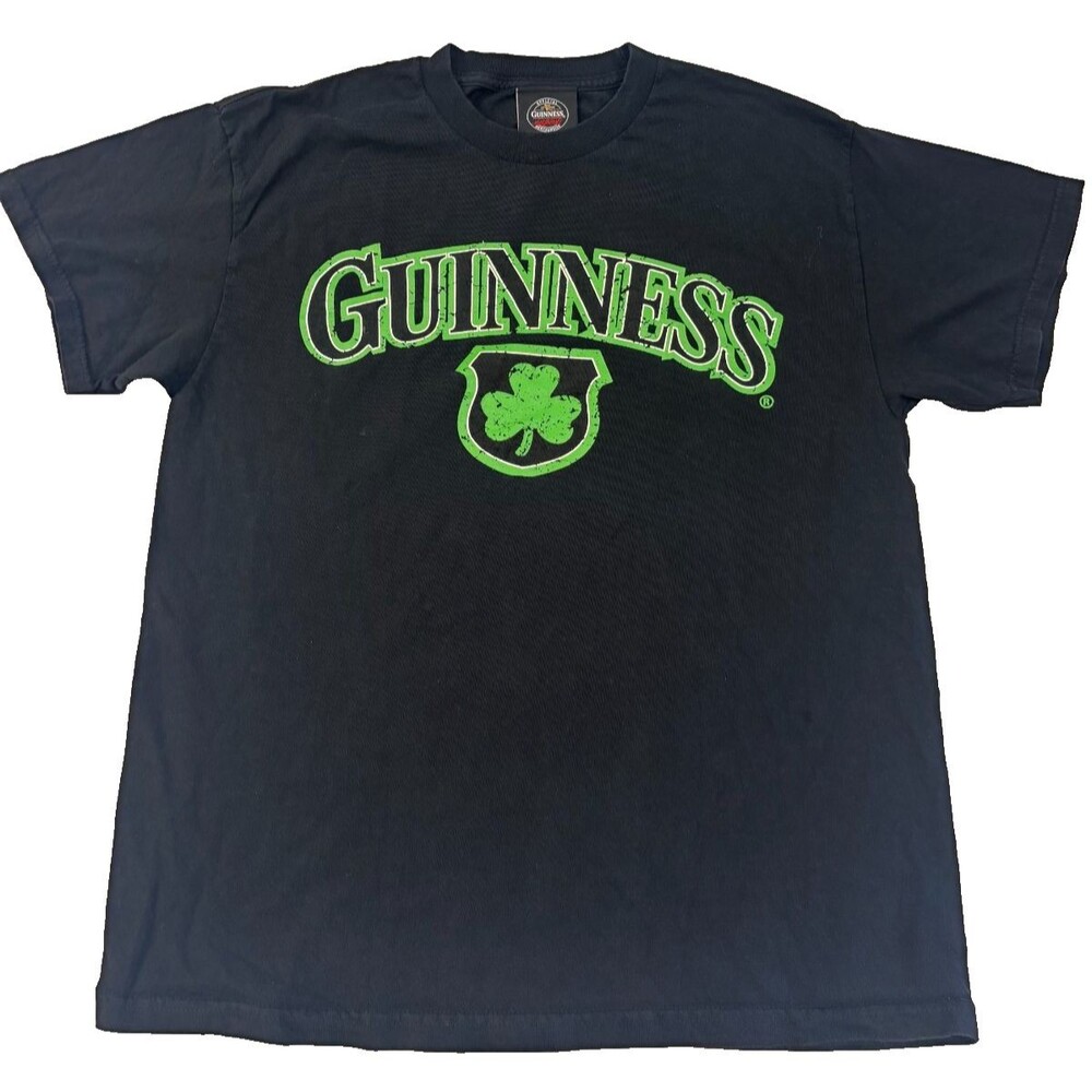 Guinness Black T-Shirt Men’s Large Green Logo Shamrock Irish Pub Beer Tee